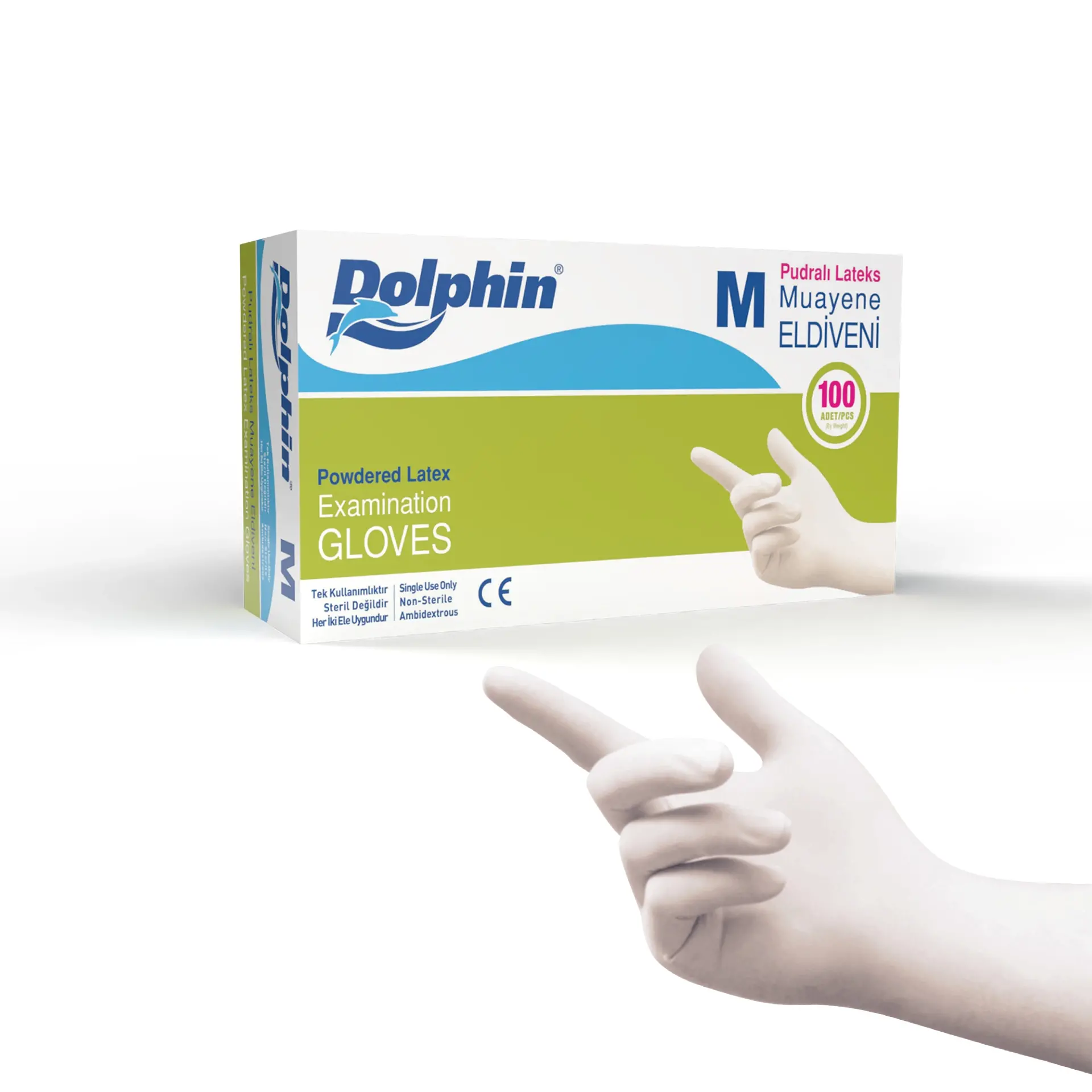 Dolphin Pudralı Lateks Muayene Eldiveni M Beden -100 lü - 1 Paket - MDR