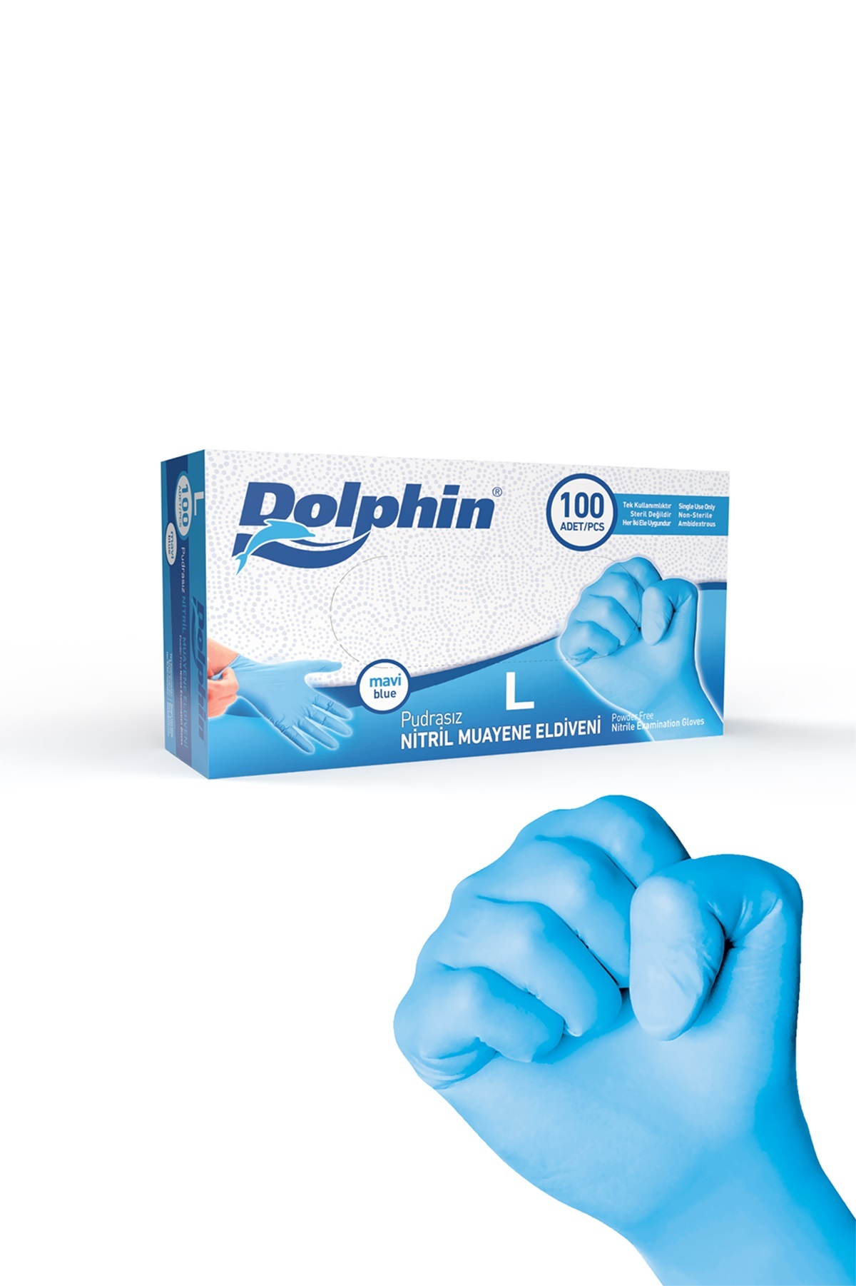 Dolphin Pudrasız Mavi Nitril Muayene Eldiveni L Beden - 100 lü - 20 Paket -MDR
