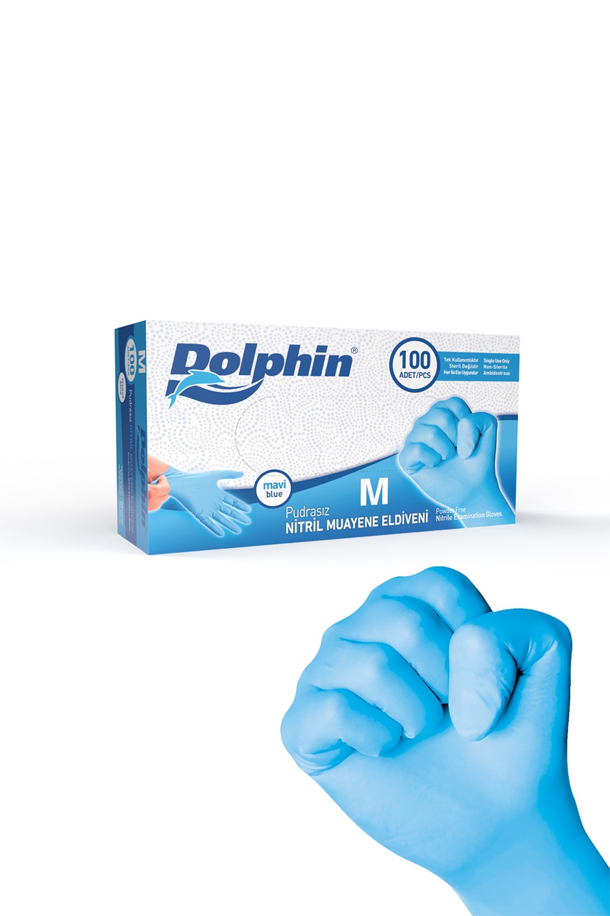 Dolphin Pudrasız Mavi Nitril Muayene Eldiveni M Beden - 100 lü - 20 Paket - MDR
