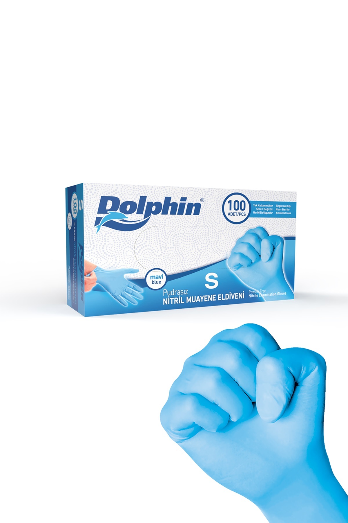 Dolphin Pudrasız Mavi Nitril Muayene Eldiveni S Beden - 100 lü - 20 Paket - MDR