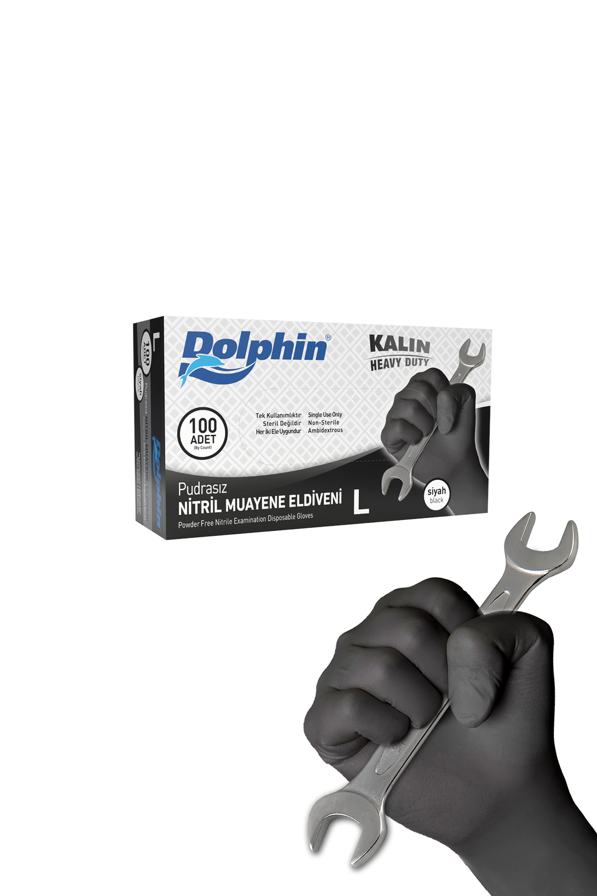 Dolphin Siyah Nitril Eldiven Pudrasız Ekstra Kalın L Beden - 100 lü - 10 Paket - MDR