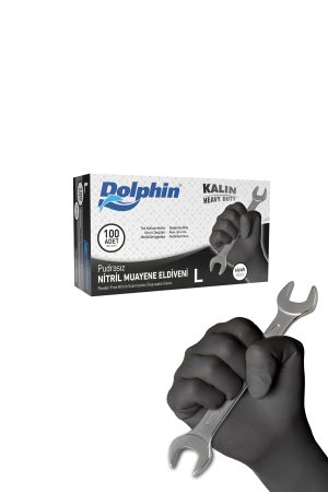 Dolphin Siyah Nitril Eldiven Pudrasız Ekstra Kalın L Beden - 100 lü - 1 Paket - MDR