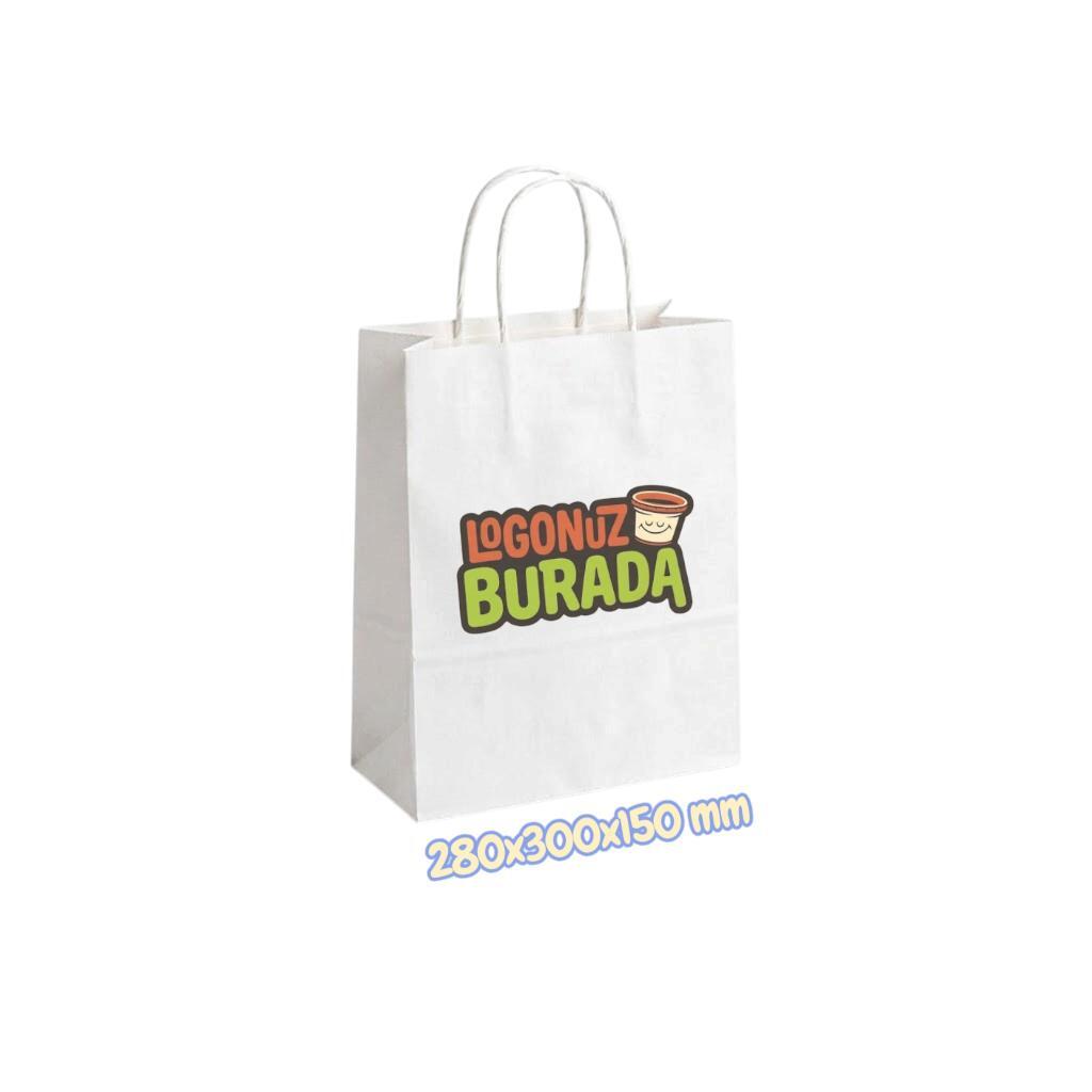 Burgu Saplı Beyaz Kraft Çanta 28x30x15 cm 500 Adet